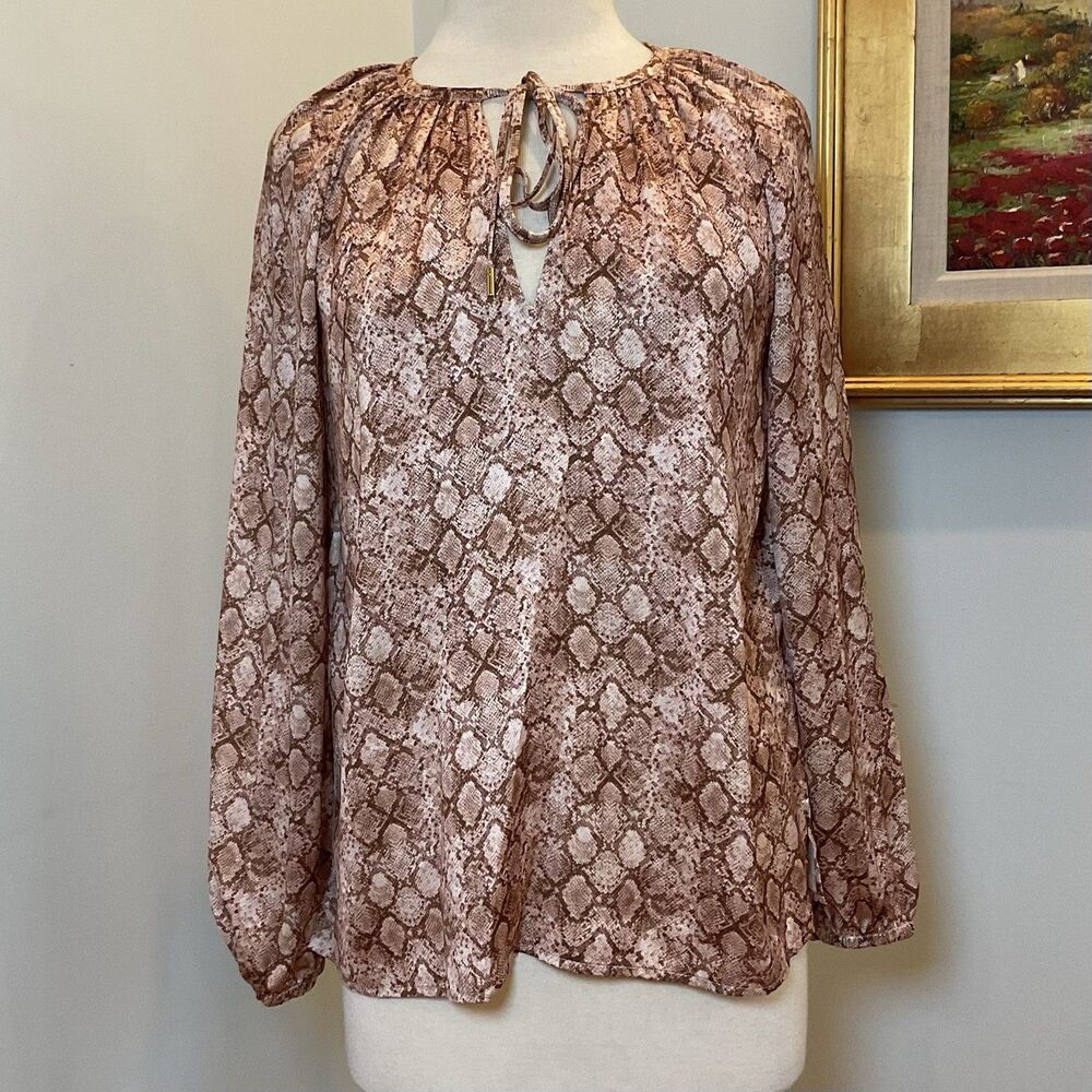 Anna Cate Python-Print Tie-Neck Blouse M Long-Sleeve Neutral Earthy Chic
